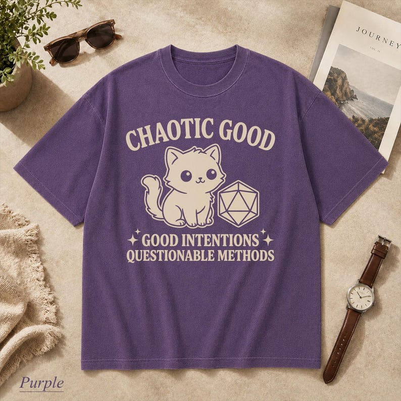 Comfort Colors Chaotic Good Cat T-Shirt - DnD D20 Dice Shirt - Funny Gamer Gift - Cute Kitten RPG Tee - Good Intentions image 4