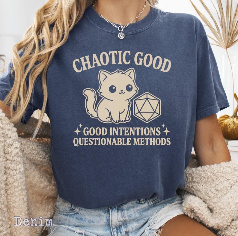 Comfort Colors Chaotic Good Cat T-Shirt - DnD D20 Dice Shirt - Funny Gamer Gift - Cute Kitten RPG Tee - Good Intentions image 13