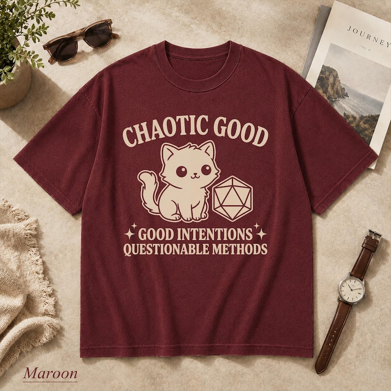 Comfort Colors Chaotic Good Cat T-Shirt - DnD D20 Dice Shirt - Funny Gamer Gift - Cute Kitten RPG Tee - Good Intentions image 2