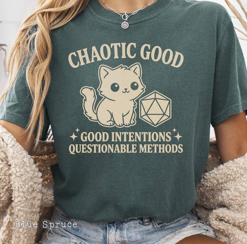 Comfort Colors Chaotic Good Cat T-Shirt - DnD D20 Dice Shirt - Funny Gamer Gift - Cute Kitten RPG Tee - Good Intentions image 12