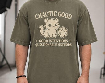 Comfort Colors Chaotic Good Cat T-Shirt - Dungeons and Dragons D20 Dice Shirt - Funny Gamer Gift - Cute Kitten RPG Tee - Good Intentions