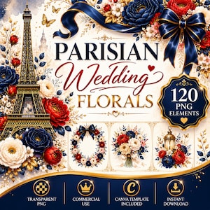 Op de afbeelding: Een digitaal grafisch ontwerp met de Eiffeltoren, bloemstukken en de tekst "PARISIAN Wedding FLORALS". Het ontwerp bevat rode, witte en blauwe bloemen, een marineblauwe strik en de tekst "120 PNG ELEMENTS".