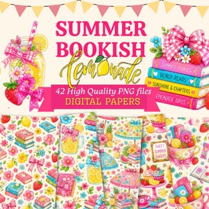 Peut inclure: Une collection numérique de 42 fichiers PNG de haute qualité présentant des illustrations sur le thème de l'été avec des bocaux de limonade, des livres empilés, des fraises, des fleurs et des papiers à motifs avec le texte SUMMER BOOKISH lemonade.