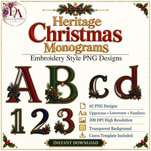 Könnte beinhalten: Eine digitale Sammlung von Heritage-Weihnachtsmonogrammen mit Buchstaben und Zahlen im Stickerei-Stil in Rot, Grün und Gold. Das Set enthält 62 PNG-Designs mit Groß- und Kleinbuchstaben sowie Ziffern, verziert mit Tannenzweigen und festlichen Schleifen.