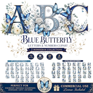 Może przedstawiać: Cyfrowy zestaw clipartów przedstawiający litery A, B i C ozdobione niebieskimi motylami i białymi kwiatami. Tekst zawiera BLUE BUTTERFLY LETTERS & NUMBERS CLIPART, 2 MONOGRAM COLLECTIONS, A-Z LETTERS & 0-9 NUMBERS, 72 PNG FILES, 300 DPI oraz COMMERCIAL USE.