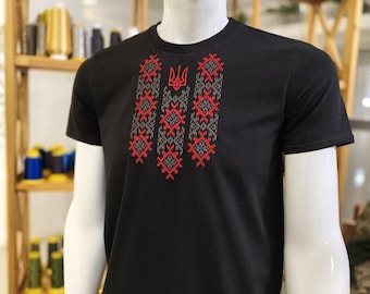 Black Cotton T-Shirt, Red Gray Tryzub Embroidery, Unisex Vyshyvanka Shirt