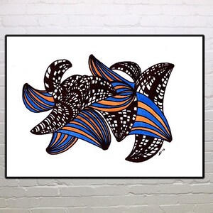 May include: Abstract art print featuring a black, white, blue, and orange design. The design is made up of overlapping shapes and lines, creating a sense of movement and energy.