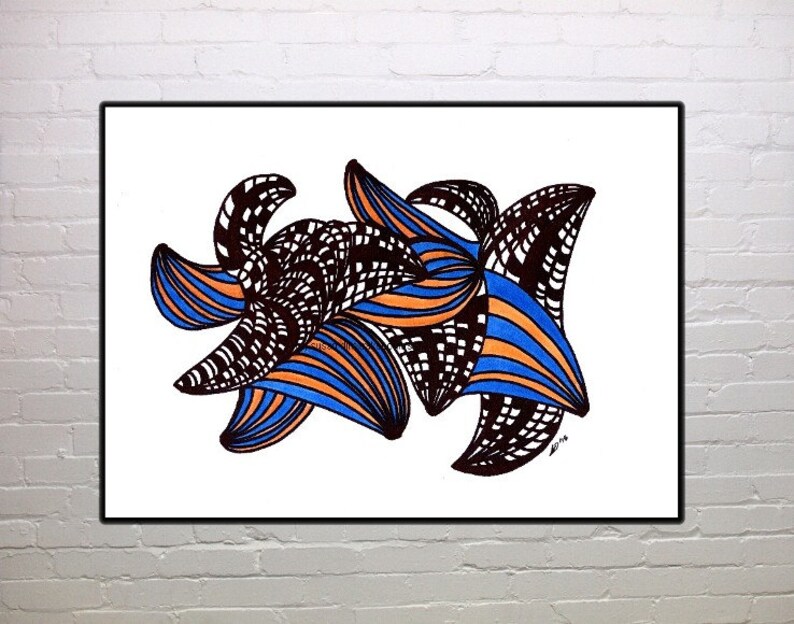 May include: Abstract art print featuring a black, white, blue, and orange design. The design is made up of overlapping shapes and lines, creating a sense of movement and energy.