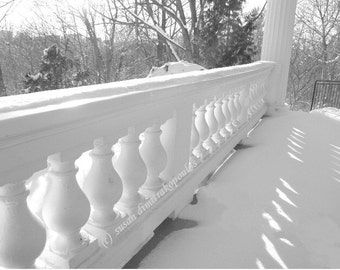 Christmas Winter scenery photograph, Verandah at Cedar Ridge blank card write your own msg, black white photograph, snow, winter, porch