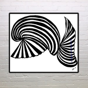 Black and white print, abstract, fantasy, whale, fan, wall art, home, office decor, nursery decor, child's room, daycare decor image 1