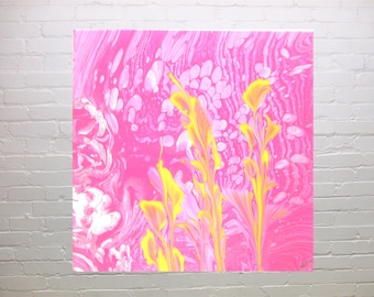 Welcome Spring, Free Shipping, abstract acrylic poured painting wall art home decor 14x14 canvas magenta, white yellow, OOAK