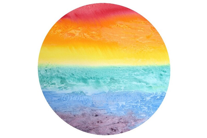 May include: A circular watercolor painting with a rainbow gradient. The colors are red, orange, yellow, green, blue, and purple. The painting has a textured look, like watercolors.