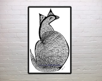 Catbird card, Elsie, abstract, folk art, black and white, fantasy, cat, bird, dinosaur, home decor, folk art