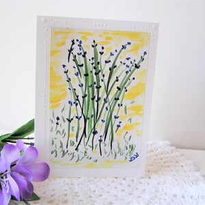 Little Bit of Spring, carte vierge écrivez votre propre msg. art folklorique fleurs bleues amitié appréciation sympathie pensant à toi carte vierge