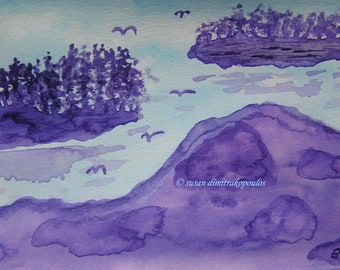 Two Little Islands - blue purple original watercolour, scenery, islands, cottage life home decor, hostess gift housewarming gift wall decor