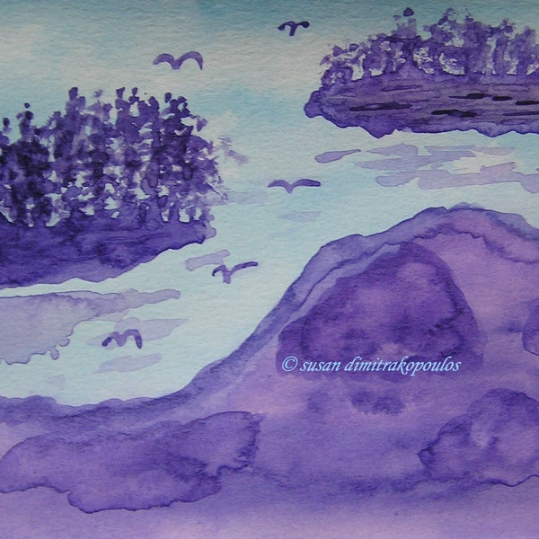 Two Little Islands - blue purple original watercolour, scenery, islands, cottage life home decor, hostess gift housewarming gift wall decor
