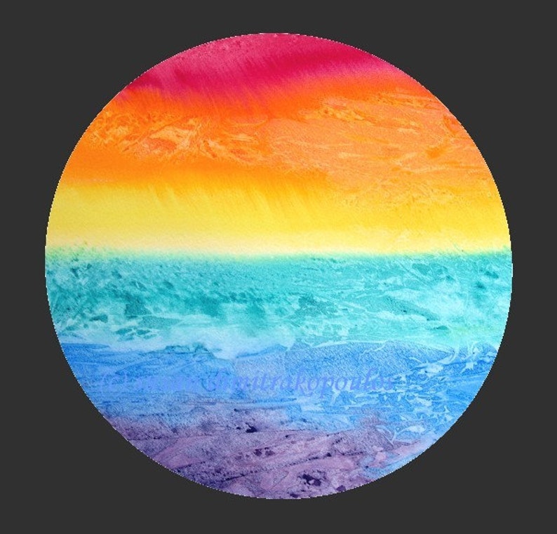 May include: A circular watercolor painting with a rainbow gradient. The top half of the circle is a vibrant red, orange, and yellow. The bottom half is a cool blue, green, and purple.