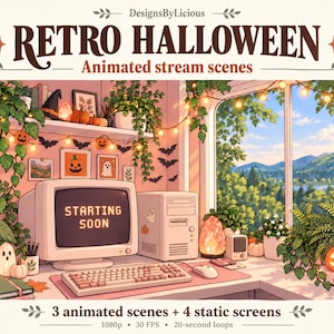 Può includere: Un'illustrazione digitale di una postazione computer con un monitor che mostra il testo STARTING SOON. La scrivania include tastiera, mouse, piante in vaso, luci a stringa e decorazioni di Halloween con zucche, un cappello da strega e fantasmi.