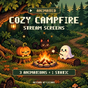 Gemütliche Halloween-Lagerfeuer-Animationen für Streams | Pixel-Art-Wald, Geist & Katze | Twitch OBS-Overlay