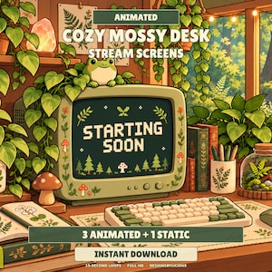 May include: A vintage-style television screen displaying the text STARTING SOON in pixelated font, surrounded by potted plants, a mushroom figurine, books, and a mechanical keyboard. The screen features a frog illustration and forest motifs.
