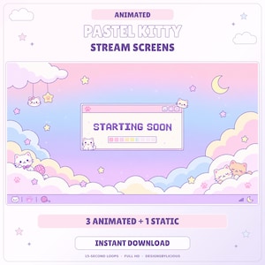 May include: Animated pastel kitty stream screens featuring a pink and blue gradient background with clouds, stars, a crescent moon, and cartoon cats. A central window displays the text STARTING SOON with a loading bar and cat icons.
