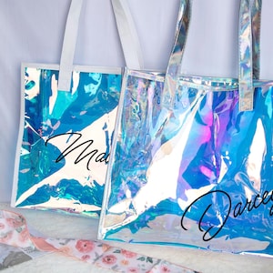 Personalized Holographic Tote Bag: Custom Name Beach Tote with Charm