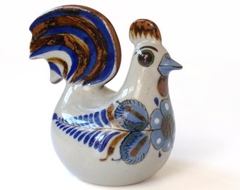 Blue Painted Floral Glazed Tonala Animal Bird Folk Art Pottery Figure Honduras 6 Honduran Handpainted Ceramic Chicken Figurine