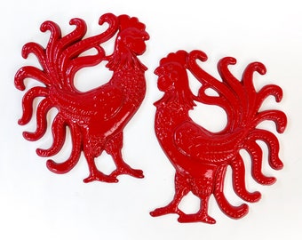 Pair of MCM Red Metal Roosters