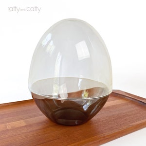 May include: A clear plastic dome sits atop a brown plastic base, forming an egg-shaped container. The container is resting on a wooden tray.