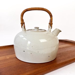 May include: A speckled, off-white ceramic teapot with a woven rattan handle. The teapot has a rounded body, a spout, and a small lid. It sits on a wooden tray. The teapot is a neutral color with small dark speckles.