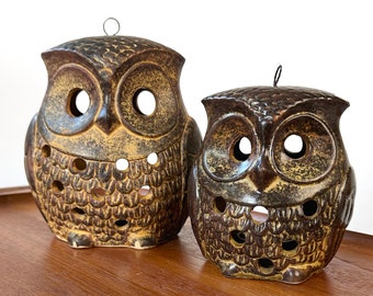 Vintage Stoneware Owl Lantern Votive Candleholder