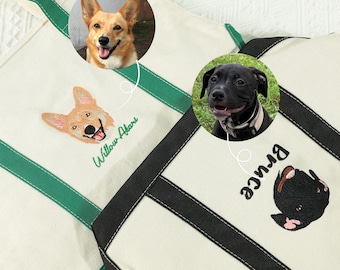 Custom Pet Portrait Embroidered Tote Bag - Personalized Dog Cat Photo Canvas Bag