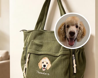 Custom Embroidered Pet Portrait Corduroy Tote Bag, Personalized Name Shoulder Bag