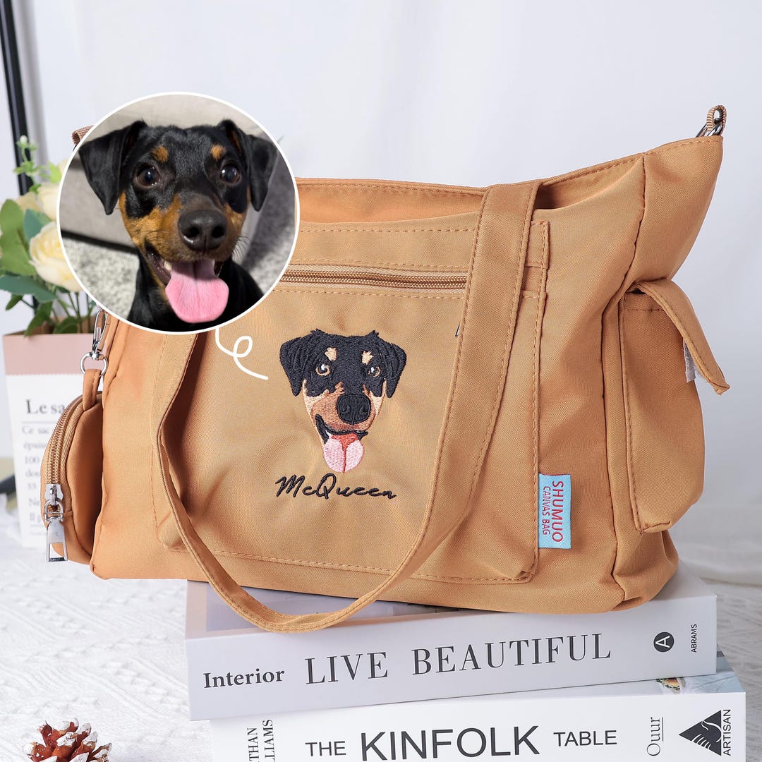 Custom Pet Portrait Canvas Tote Bag, Embroidered Dog or Cat Face, Slightly waterproof material, Embroidered pet bag, personalized gift