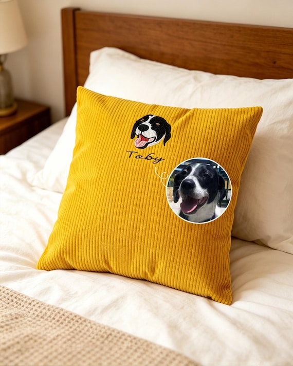 Custom Corduroy Pet Portrait Embroidery Pillow, Personalized Pet Face Cushion, Embroidered Pet Face, Pet Memorial Gift, Textured Pet Pillow