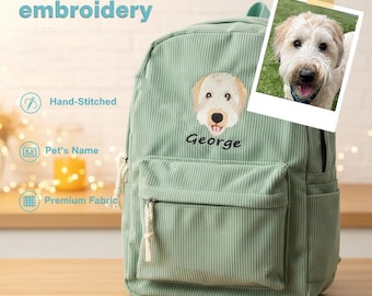 Custom Embroidered Pet Portrait Corduroy Backpack, Personalized Dog Cat Aesthetic Rucksack with Name, Pet Mom Gift, Modern Fabric Daypack