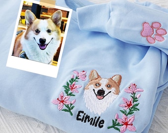 Custom Pet Portrait Embroidered Sweatshirt, Personalized Dog Cat Hoodie, Pet Lover Gift