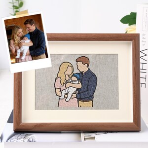 Könnte beinhalten: Ein rechteckiger Holzrahmen mit einer individuellen Stickerei eines Familienporträts. Die Stickerei zeigt eine Person mit langem blondem Haar in einem rosa Kleid, eine Person in einem blau karierten Hemd und ein Baby in weißer Kleidung.