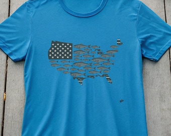 USA Fish Map T-Shirt: Patriotic Fisherman Gift, Top Selling T Shirts, Husband Gift, Best Selling Items, Etsy Shop Sale, Graphic Tee
