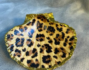 Handgefertigte Jakobsmuschelschale, Ringschale, Schmuckschale - Leopardenmuster