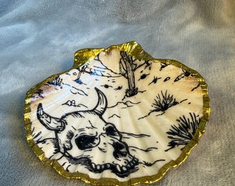 Handcrafted Scallop Shell Ring Dish, Trinket Dish - Cow Skull