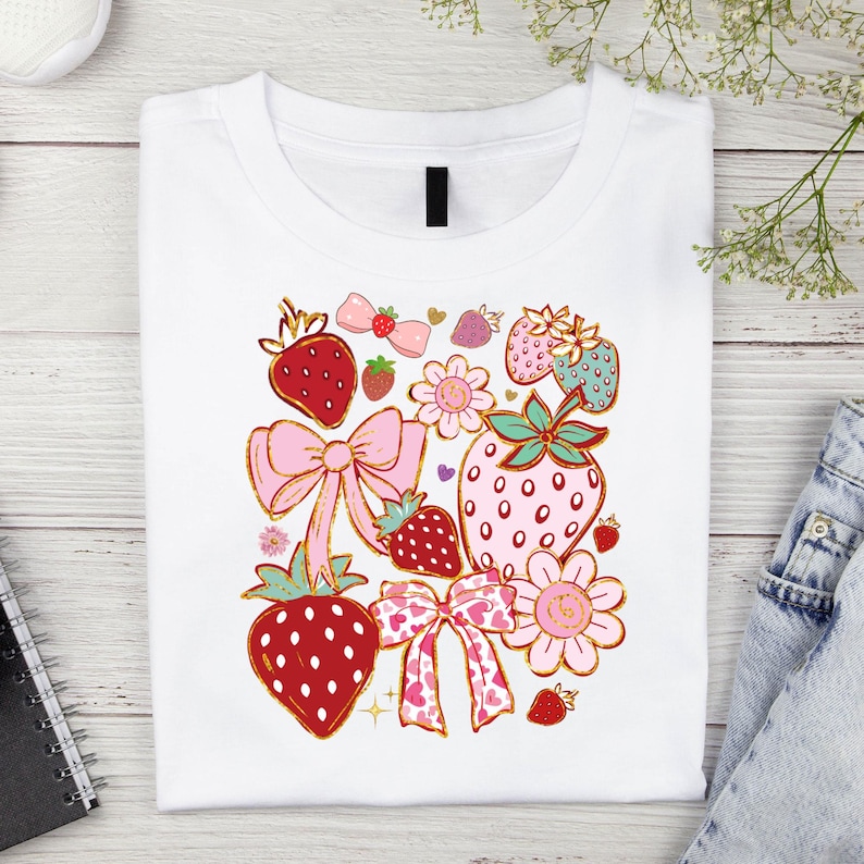 以下が含まれることがあります： ピンク、赤、緑のイチゴのデザインが施された白いTシャツ。イチゴはピンクのリボンと花で囲まれています。