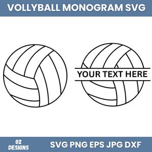 Könnte beinhalten: Ein digitales Grafikset mit zwei Volleyball-Designs in Schwarz-Weiß. Eines ist ein Standard-Volleyball-Umriss, das andere ist ein geteiltes Volleyball-Monogramm mit einem horizontalen Balken, der den Text YOUR TEXT HERE in Schwarz enthält.