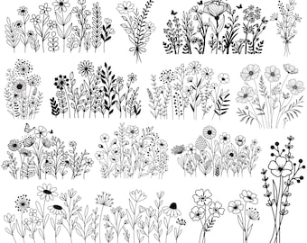 SVG-bundel wilde bloemen: minimalistische bloemenweide-clipart (digitale download)