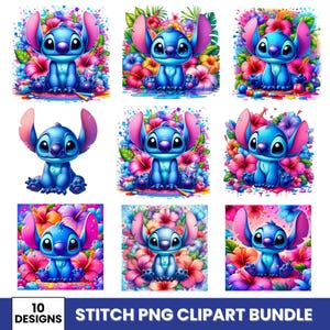Stitch Watercolor PNG Bundle: Lilo and Stitch Floral Designs (Digital Download)