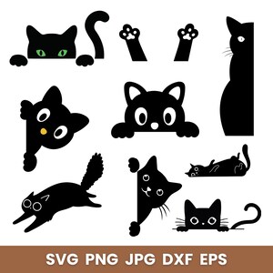 May include: A collection of black cat illustrations in various poses. Includes cats peeking over edges, paws, and a cat lying on its back. The image also includes the text "SVG PNG JPG DXF EPS".