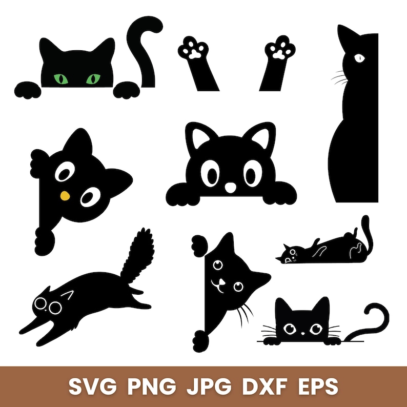 May include: A collection of black cat illustrations in various poses. Includes cats peeking over edges, paws, and a cat lying on its back. The image also includes the text "SVG PNG JPG DXF EPS".