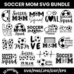 Pode incluir: Uma coleção de 22 designs SVG com tema de futebol em preto e branco. Os designs incluem bolas de futebol, as palavras "Soccer Mom", "Love" e "Goal", juntamente com outros gráficos. Os formatos de arquivo são SVG, PNG, JPG, DXF e EPS.