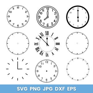 May include: Set of nine black and white clock face illustrations. The clock faces are in various styles, including Roman numeral, Arabic numeral, and simple dot markings. Some clock faces have hands, while others are blank.