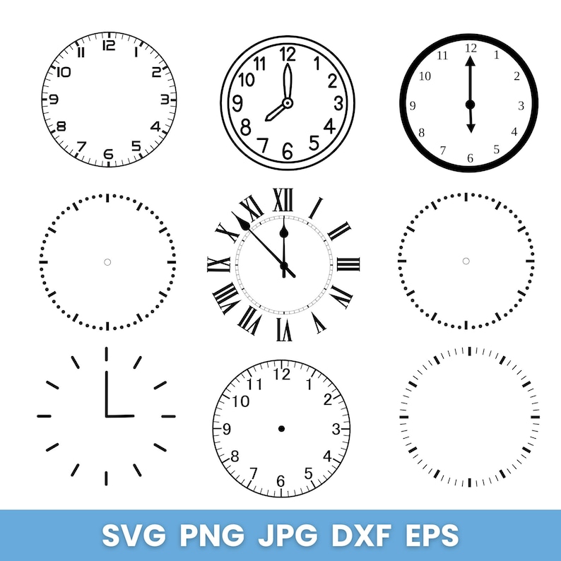 May include: Set of nine black and white clock face illustrations. The clock faces are in various styles, including Roman numeral, Arabic numeral, and simple dot markings. Some clock faces have hands, while others are blank.